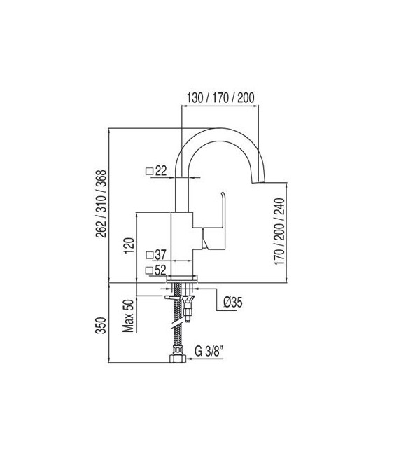 CUADRO-TRES 106607 Grifo Lavabo caño de 22x22 mm.