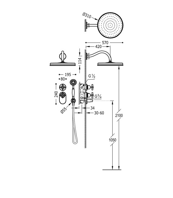 TRES-CLASIC 24235202 Grifo Kit Ducha Termostático Empotrado Cromo