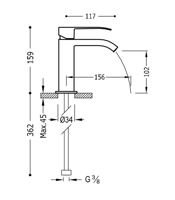 TRES 00610101NM CUADRO Grifo Lavabo Caño Cascada Negro