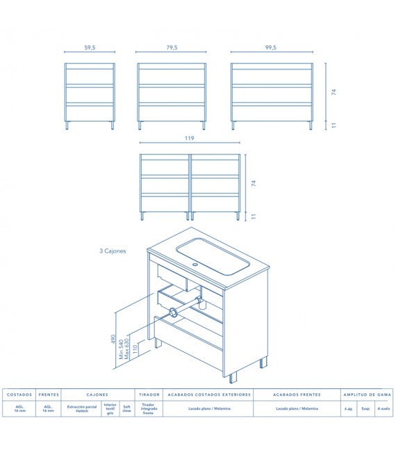 ROYO SANSA Mueble+Lavabo 3 Cajones Fumé Arenado